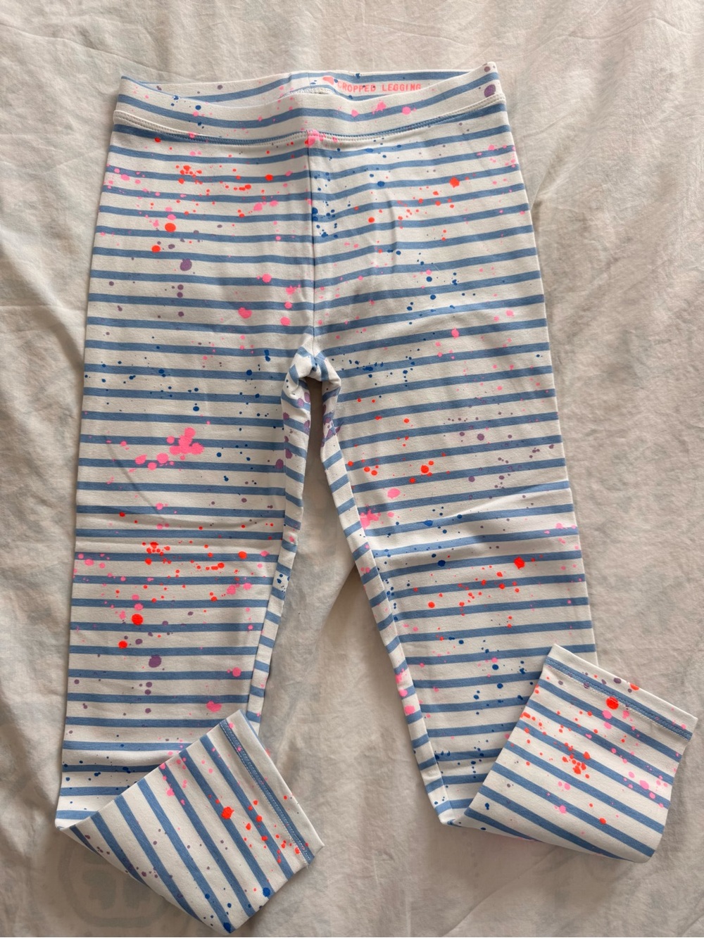 Crewcuts Striped White & Light Blue Leggings with Neon Paint Splatter